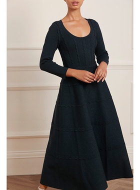 英伦轻奢NT女款 深绿色闪亮金属丝低圆领花边长袖针织连衣裙