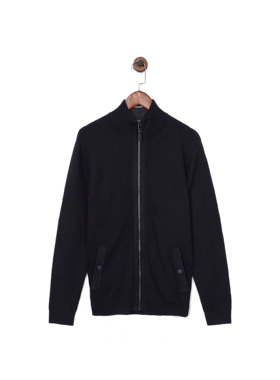 英伦轻奢Tb 男款 休闲黑色错叠罗纹拉链立领针织开衫