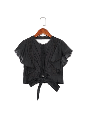 美系轻奢@lexis 女款 黑色 复古蕾丝荷叶袖露背短款上衣