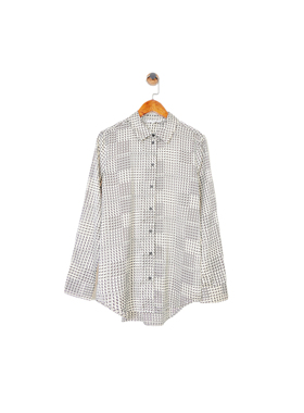 巴黎设计师EQ 女款 黑白字母印花翻领垂感丝绸衬衫