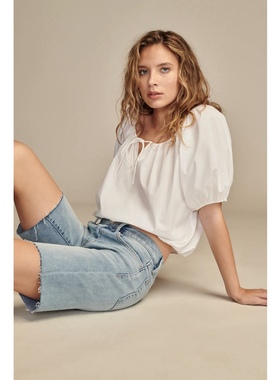 美系复古单宁LB 女款 bermuda蓝色水洗毛边直筒牛仔四分裤