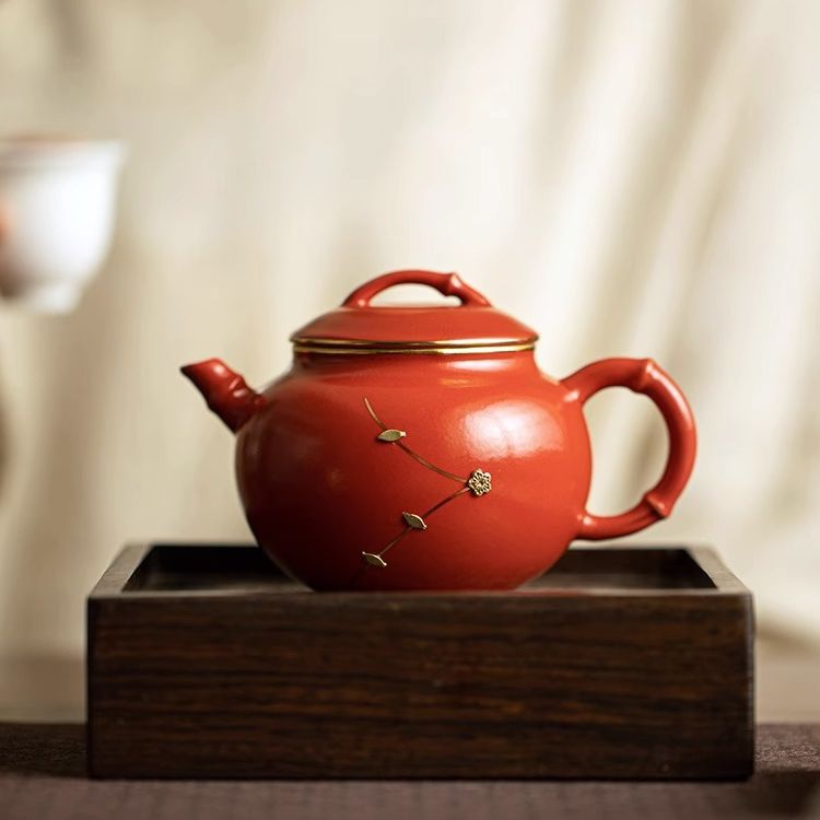 猪油冻汝窑竹韵锔钉茶壶陶瓷单壶茶具小茶壶汝瓷开片泡礼盒装青瓷