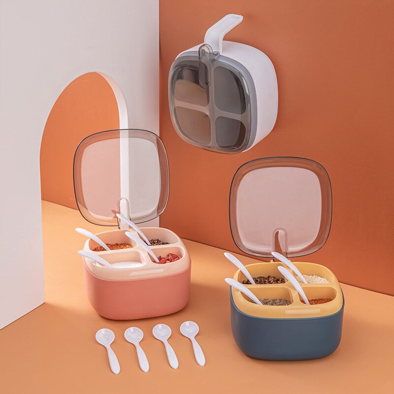 厨房用品调料罐盐味精调料盒透明调料盒子四格调味料多格带盖