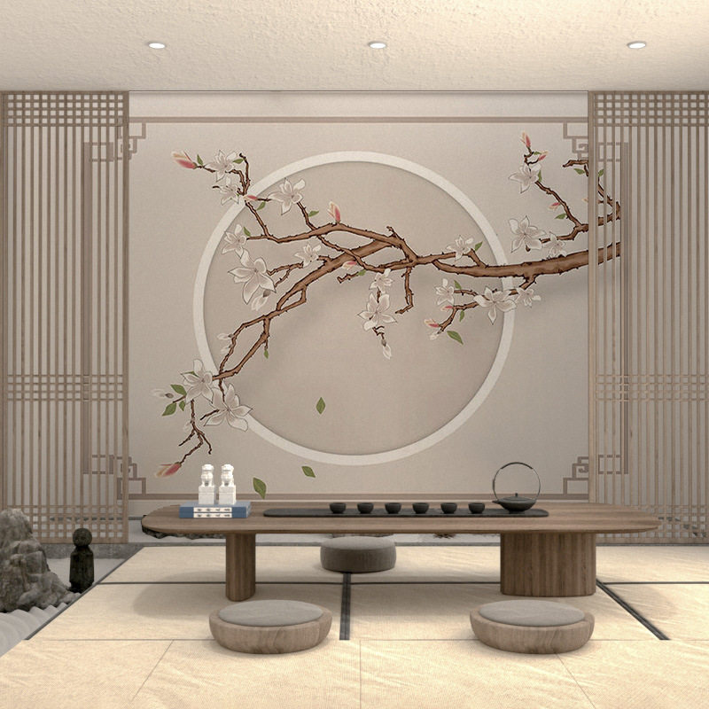 新中式立体树枝壁画2026新款客厅墙布背景墙壁纸壁布工程自粘墙布