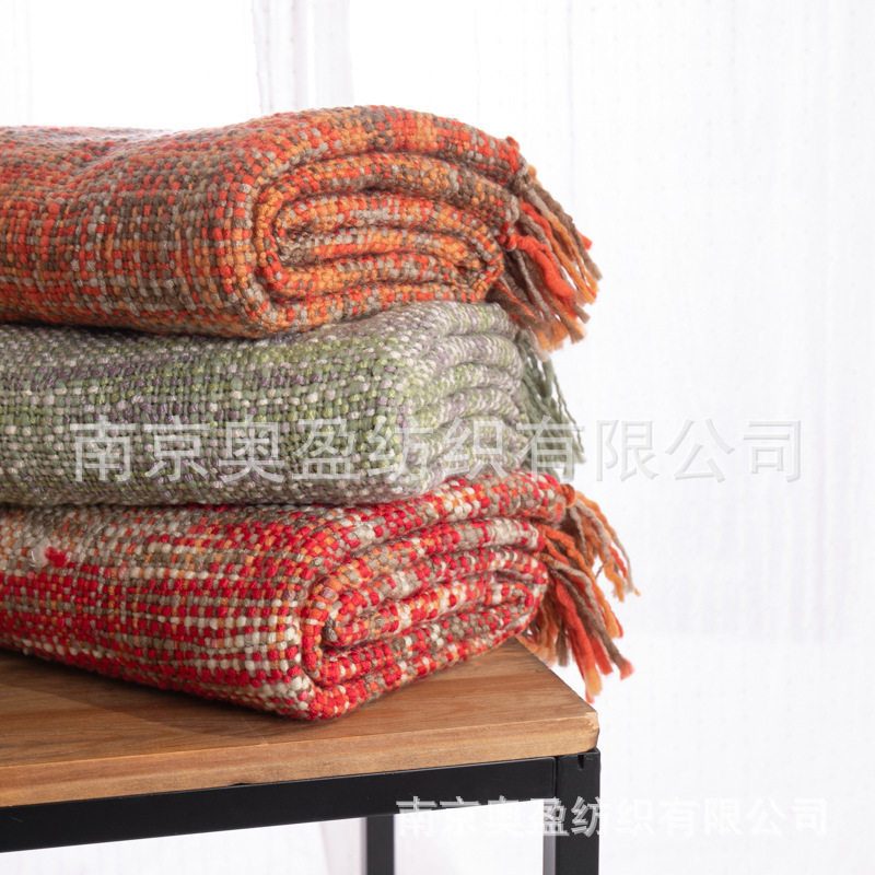 亚马逊跨境盖毯高克重格子毯子沙发毯缎染流苏毯throwblanke毛毯