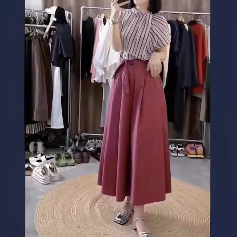24316大爱美依缘2025夏季新款交叉扭结领条纹上衣高腰裤裙时尚女