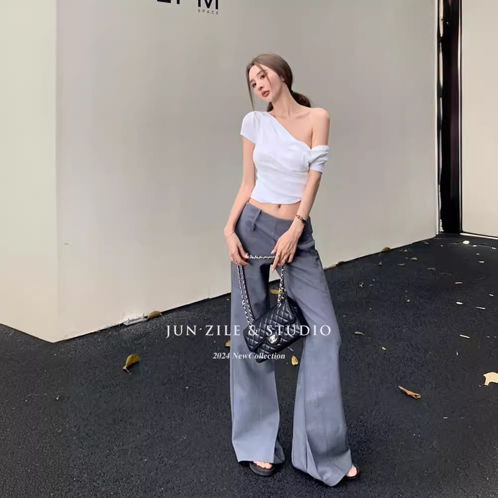 时尚套装女装感夏季短款斜肩设计感上衣低腰微喇叭西装长裤子