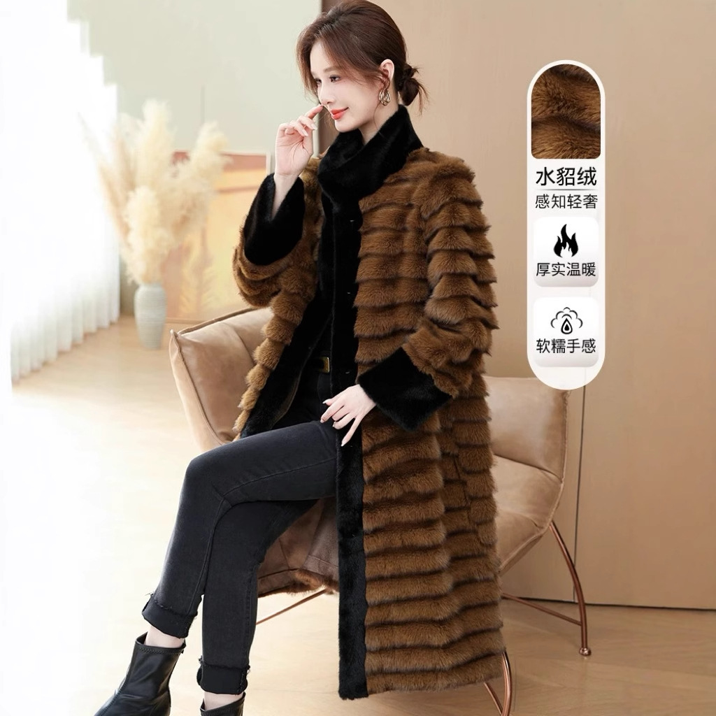 妈妈时尚皮毛一体外套水貂绒皮草中长款大衣中老年女冬季大衣