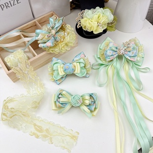 春彩黄绿油画花棉带织带丝带手工蝴蝶结发饰制作女童古风发夹材料