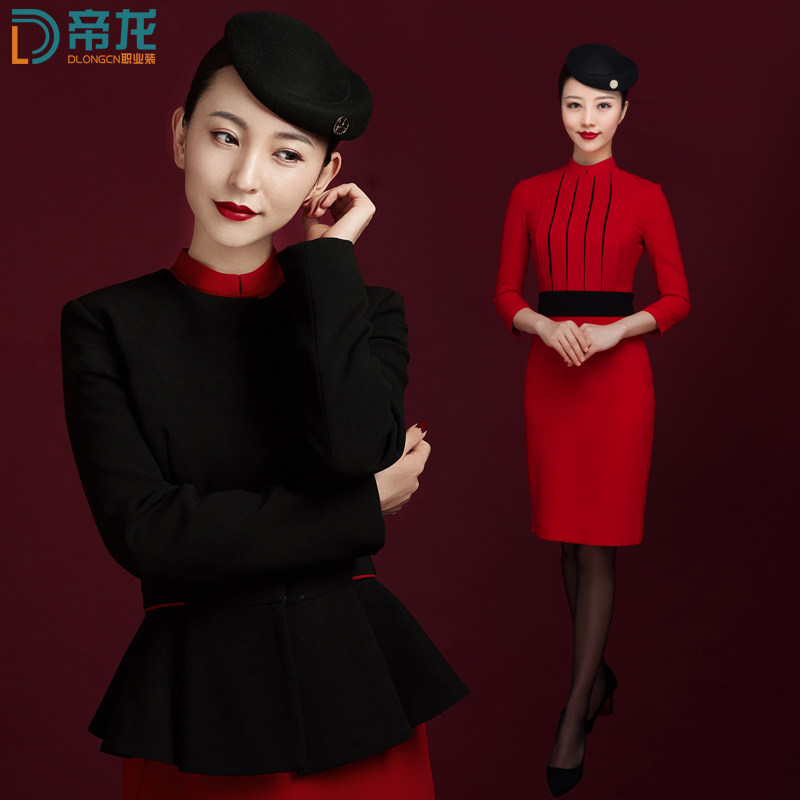 四川航空姐制服套装工作服女红色西装连衣裙职业气质前台工作定制