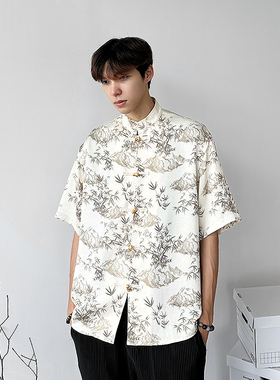 WESSK新中式墨竹山水印花木制盘扣衬衣休闲宽松小众短袖男女衬衫