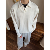 衬衫 WESSK麻花条纹V领cleanfit秋季 黑白休闲宽松百搭慵懒情侣长袖