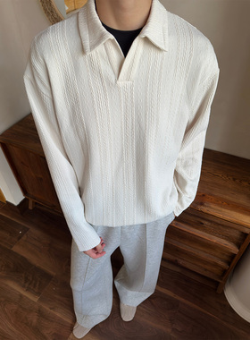 WESSK麻花条纹V领cleanfit秋季黑白休闲宽松百搭慵懒情侣长袖衬衫