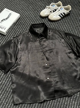 WESSK仿醋酸缎面短袖小众裁剪设计S形门襟解构夏季休闲百搭男衬衫