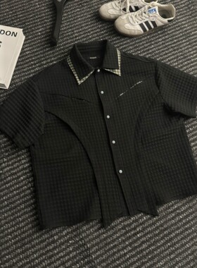 WESSK双层叠领暗纹千鸟格拼薄荷绿解构异形绿松石扣短袖百搭衬衫