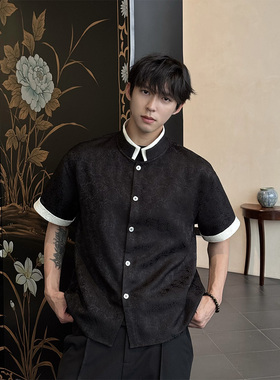 WESSK新中式假两件袖口拼接叠领暗纹肌理提花夏季休闲短袖衬衫