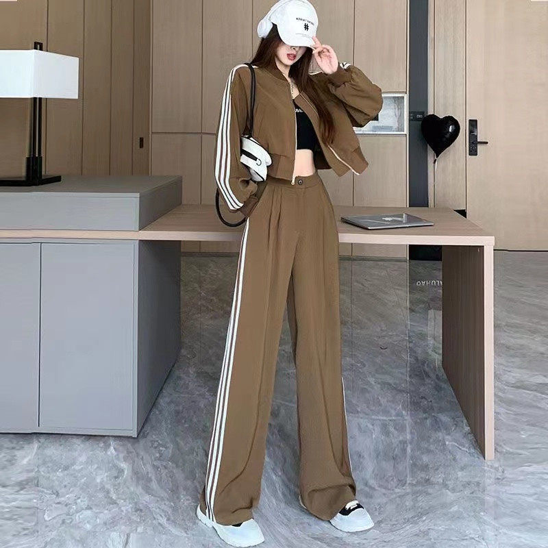 봄 가을 여성을 위한 패셔너블한 스트리트 캐주얼 스포츠 슈트 솔트 스타일의 웨어 슬림 숏 자켓 와이드 팬츠 투피스 세트