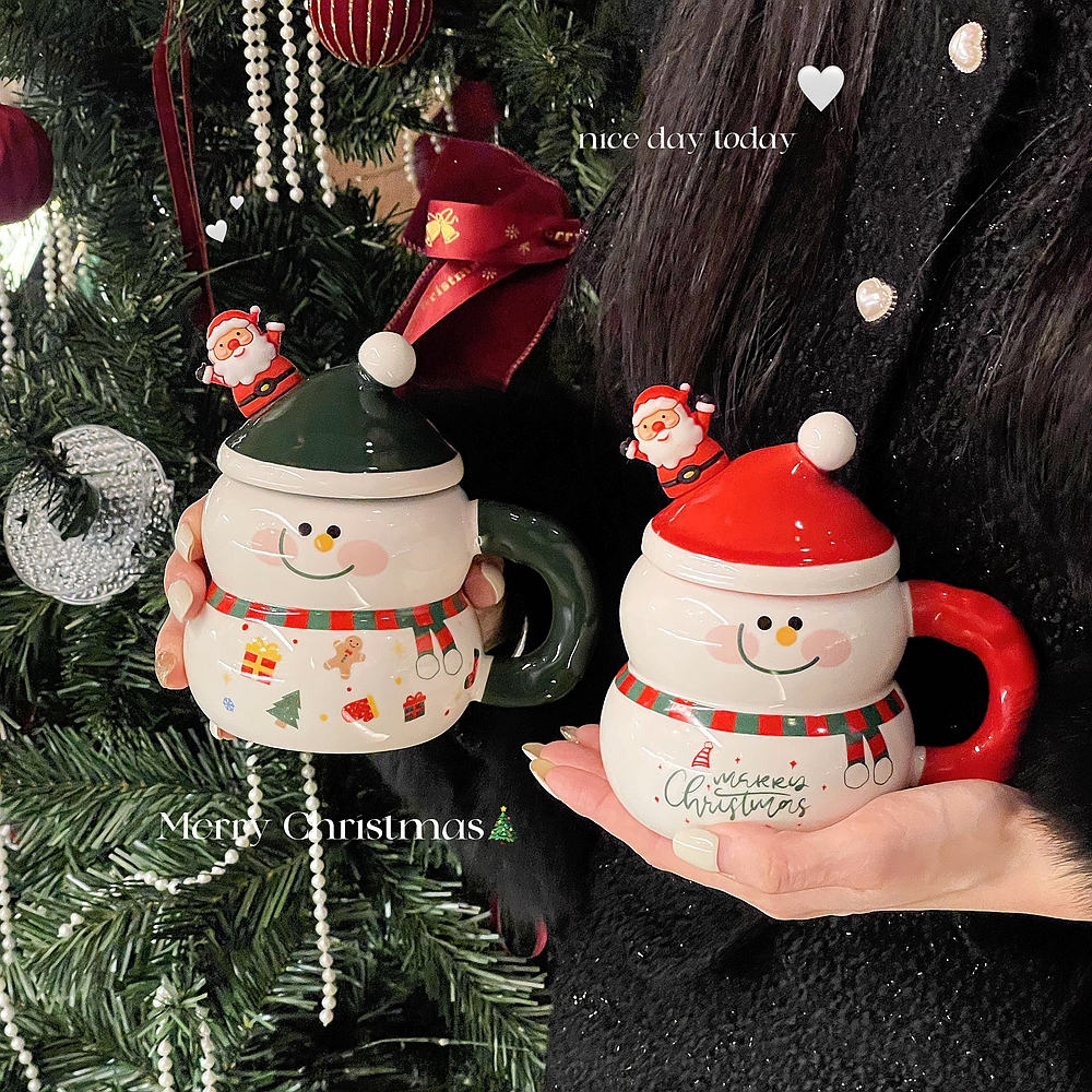 圣诞老人礼物雪人马克杯子带盖勺