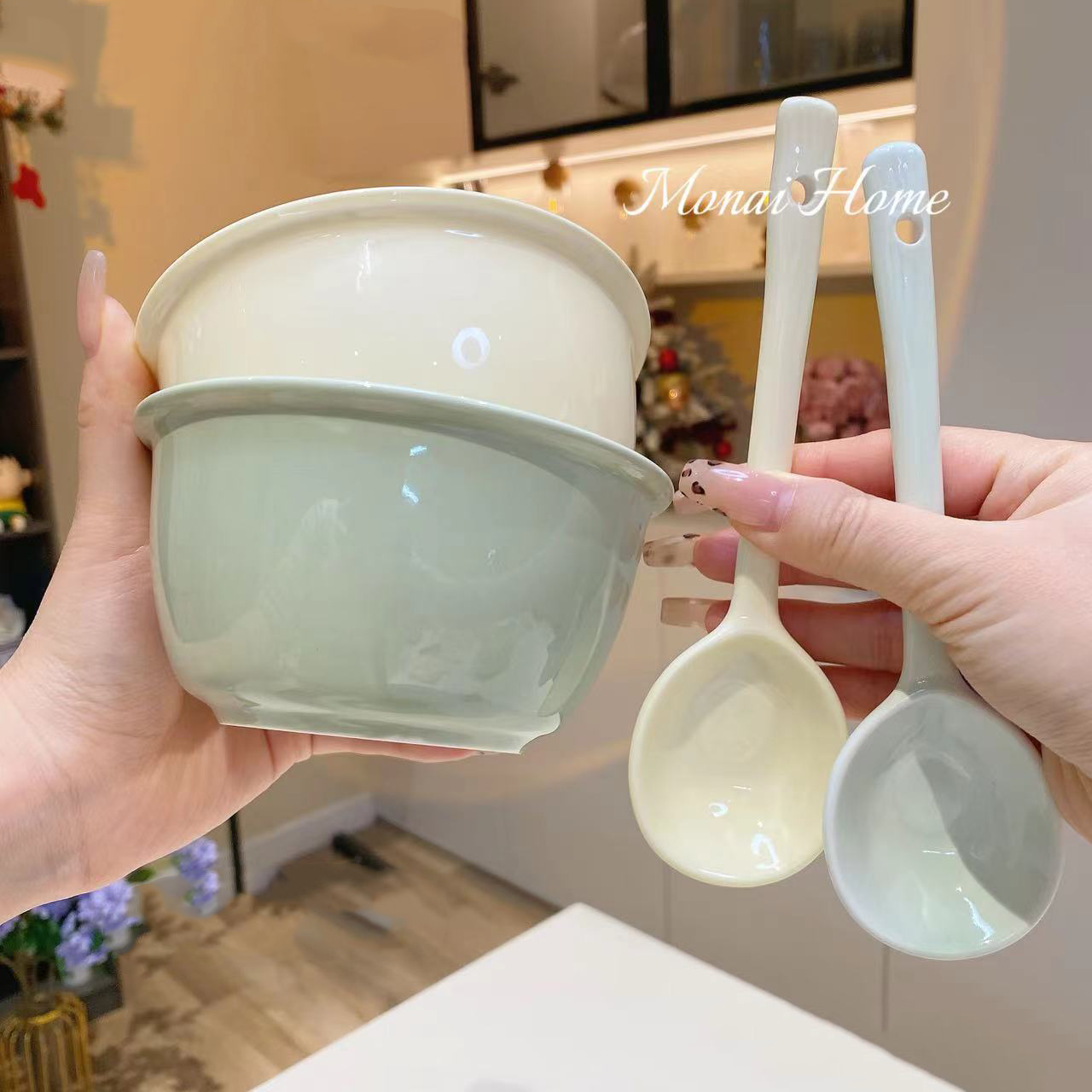 【2碗2勺】陶瓷釉下彩奶油米饭碗4.5英寸汤碗甜品碗勺沙拉儿童碗