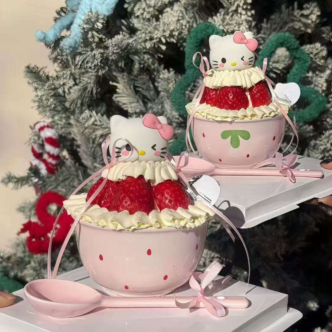 kt猫甜品草莓碗勺圣诞节helloKitty草莓塔粉色奶油陶瓷碗蛋糕装饰
