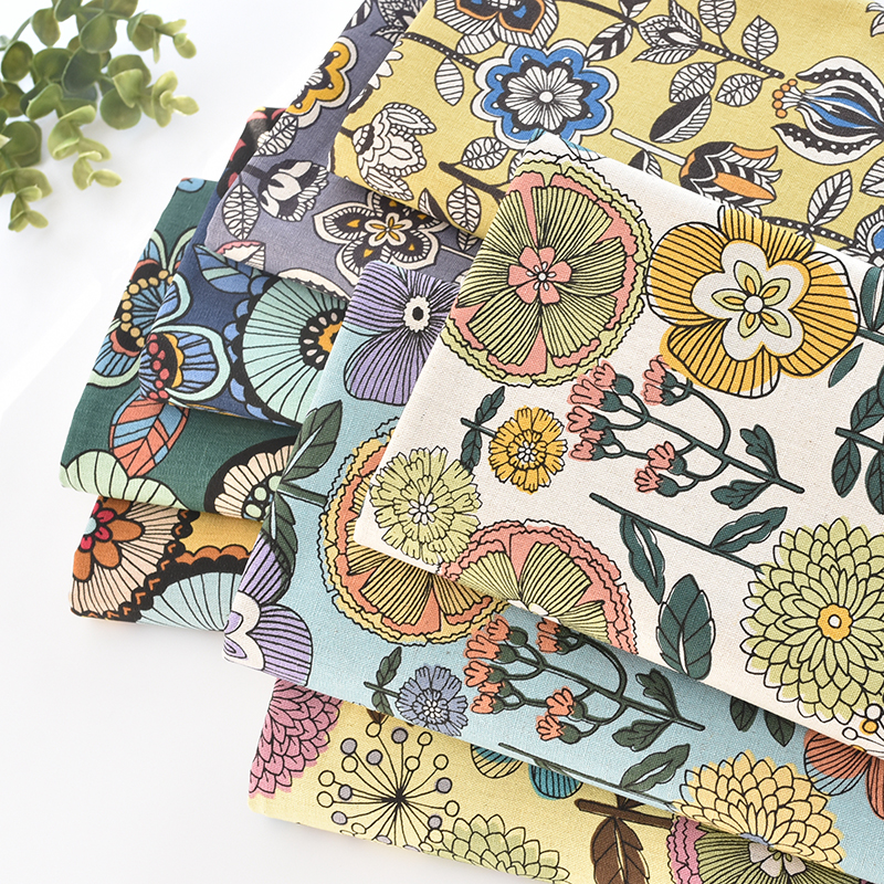 日本进口棉麻布料北欧风手绘花朵棉麻家居DIY手工面料