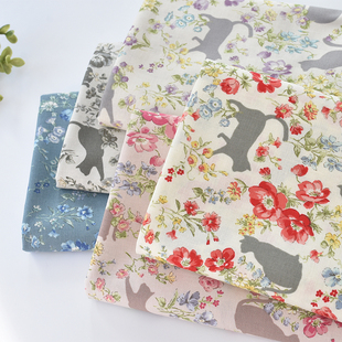 日本进口面料复古风碎花猫咪布料纯棉印花布Lolita洋装娃衣diy