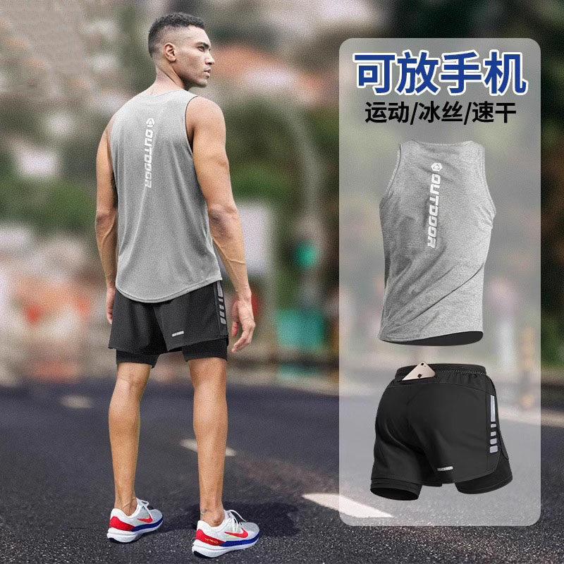 日本男夏季冰丝速干健身跑步运动套装马拉松训练背心田径装备衣服