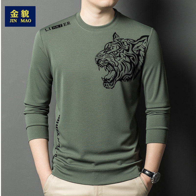 高档长袖t恤男士个性印花虎头卫衣中年宽松春秋装上衣打底小衫潮T