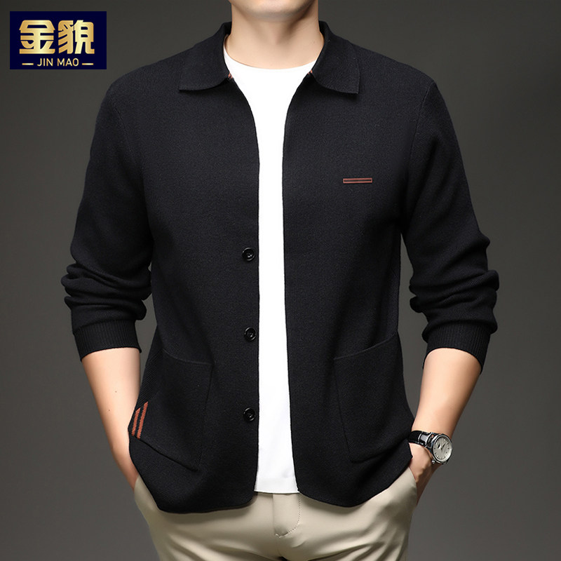 2026新款高端长袖t恤男士翻领开衫中年春秋装上衣服宽松黑色外套