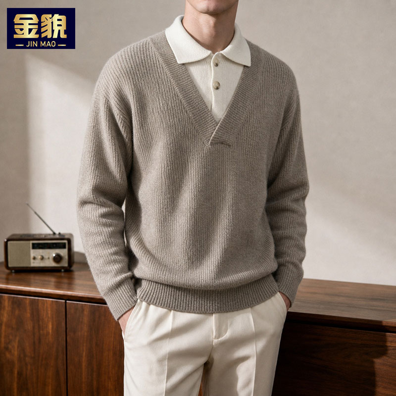 2026新款针织衫假两件男士翻领毛衣加厚保暖秋冬装上衣打底小衫潮