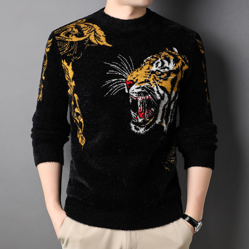 男士t恤长袖加厚个性虎卫衣宽松秋冬装上衣服保暖毛衣打底小衫潮T