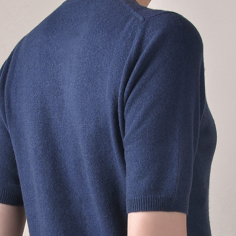 APCSHOP 春秋纯山羊绒孔雀蓝针织短袖女套头低圆领通勤简约针织衫