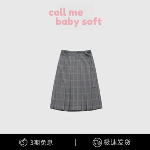百褶裙 callmebabysoft复古高腰显瘦格子腰带半身裙中长款 现货