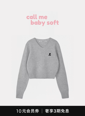 ●callmebabysoft字母刺绣RR长袖针织衫女V领套头高腰短款毛衣