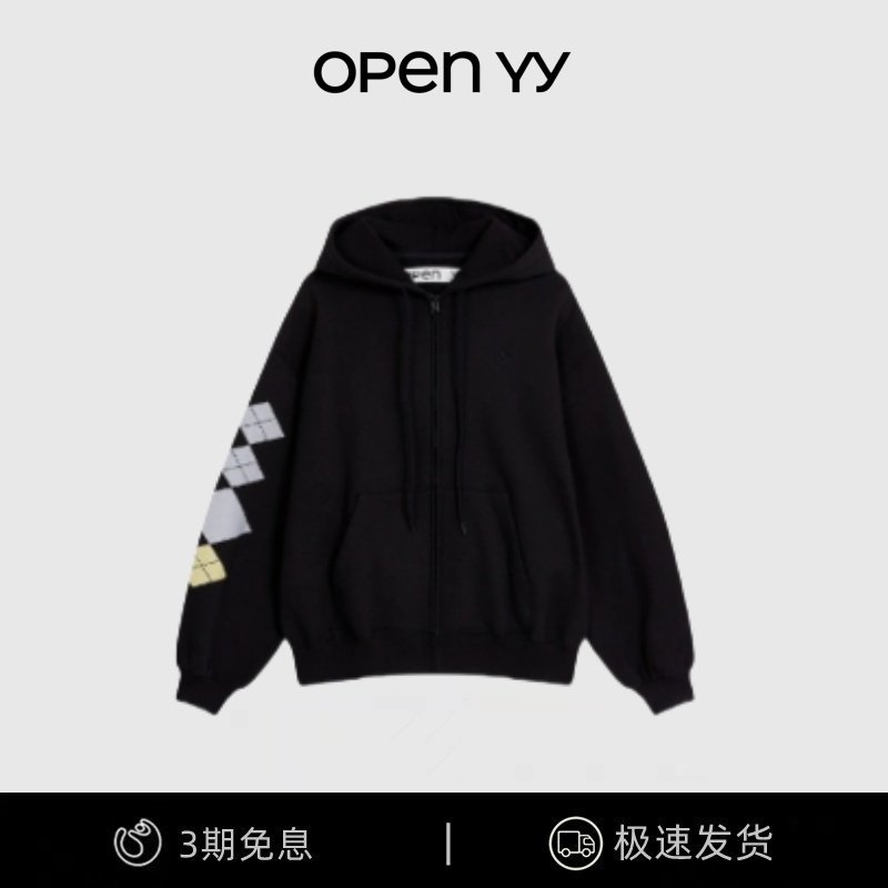 【现货】韩国小众open yy菱形格纹字母刺绣加绒连帽卫衣外套宽松