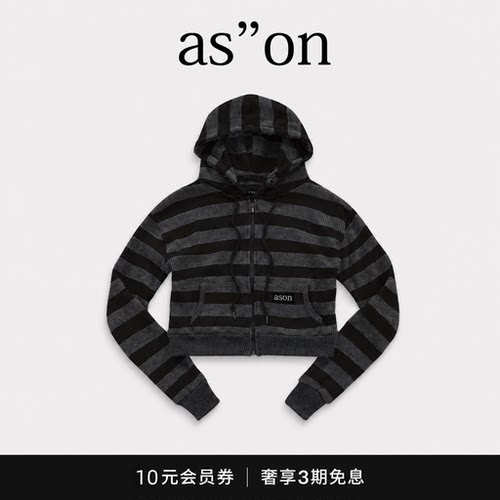 【现货】ason韩国潮牌学院短款拉链连帽条纹针织衫毛衣开衫外套女