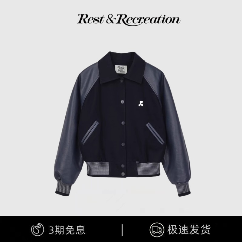 【现货】韩国小众Rest&Recreation刺绣宽松拼色夹克棒球服棉服