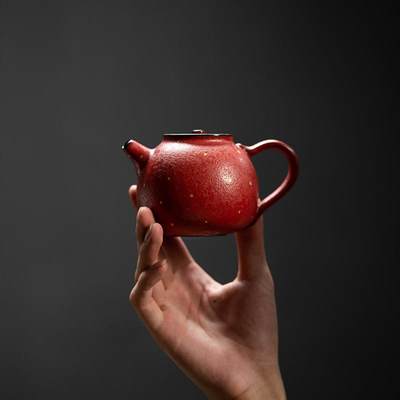 粉引桔红釉静壶 日式手工洒金小号茶壶单壶功夫茶具泡茶壶泡茶器