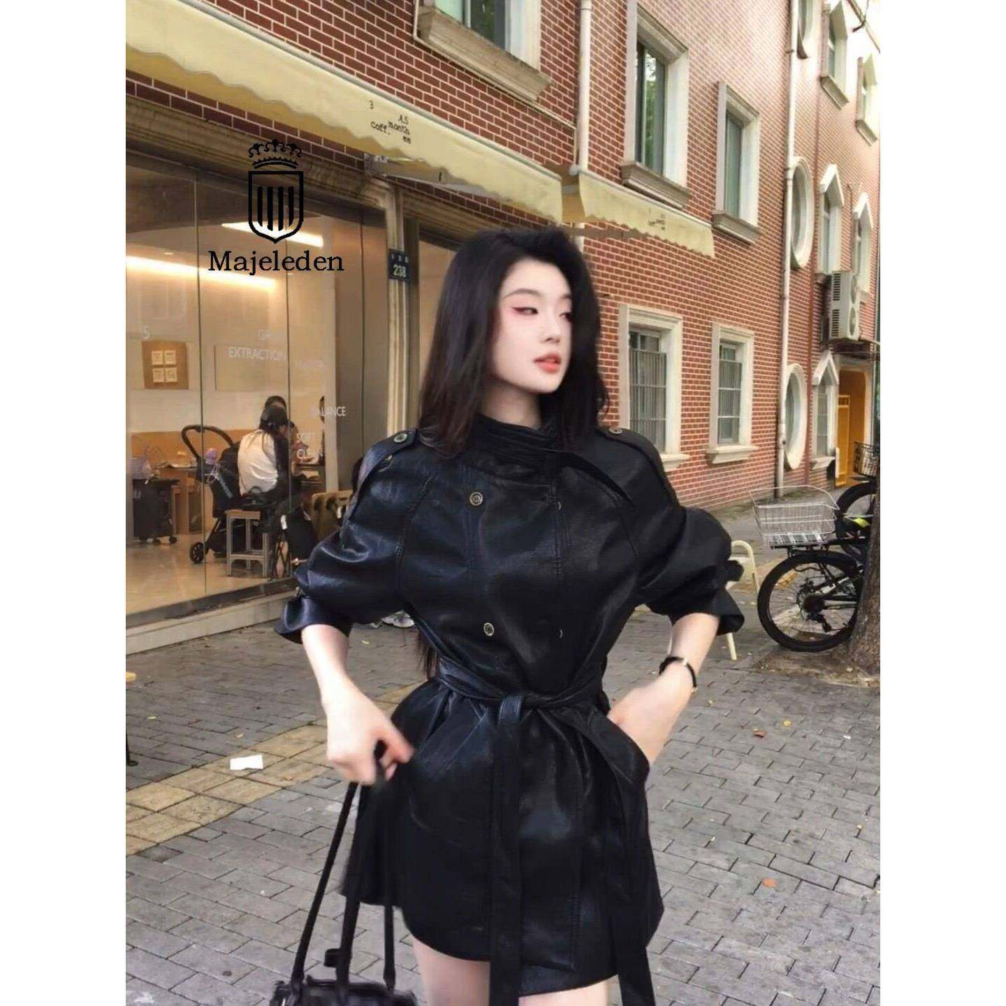 正品2025秋黑色皮衣女中长款蛋白软立领皮夹克腰带款风衣皮衣外套,女装/女士精品,皮衣,淘宝优惠券,粉丝福利购,淘宝优惠卷