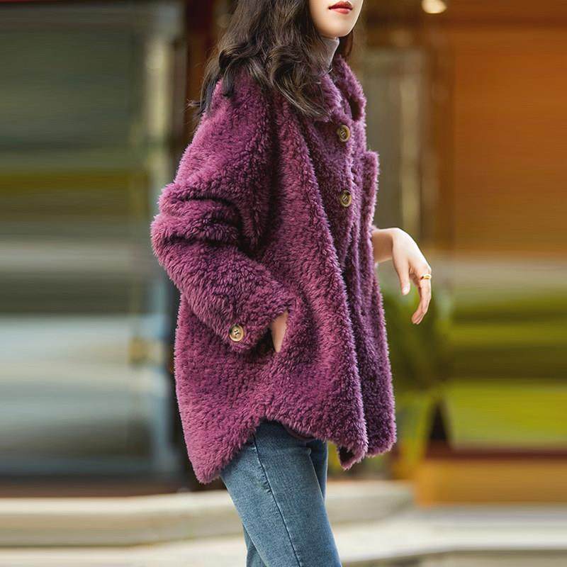 香港轻奢高级感秋冬宽松时尚气质颗粒绒紫色外套女流行款保暖上衣