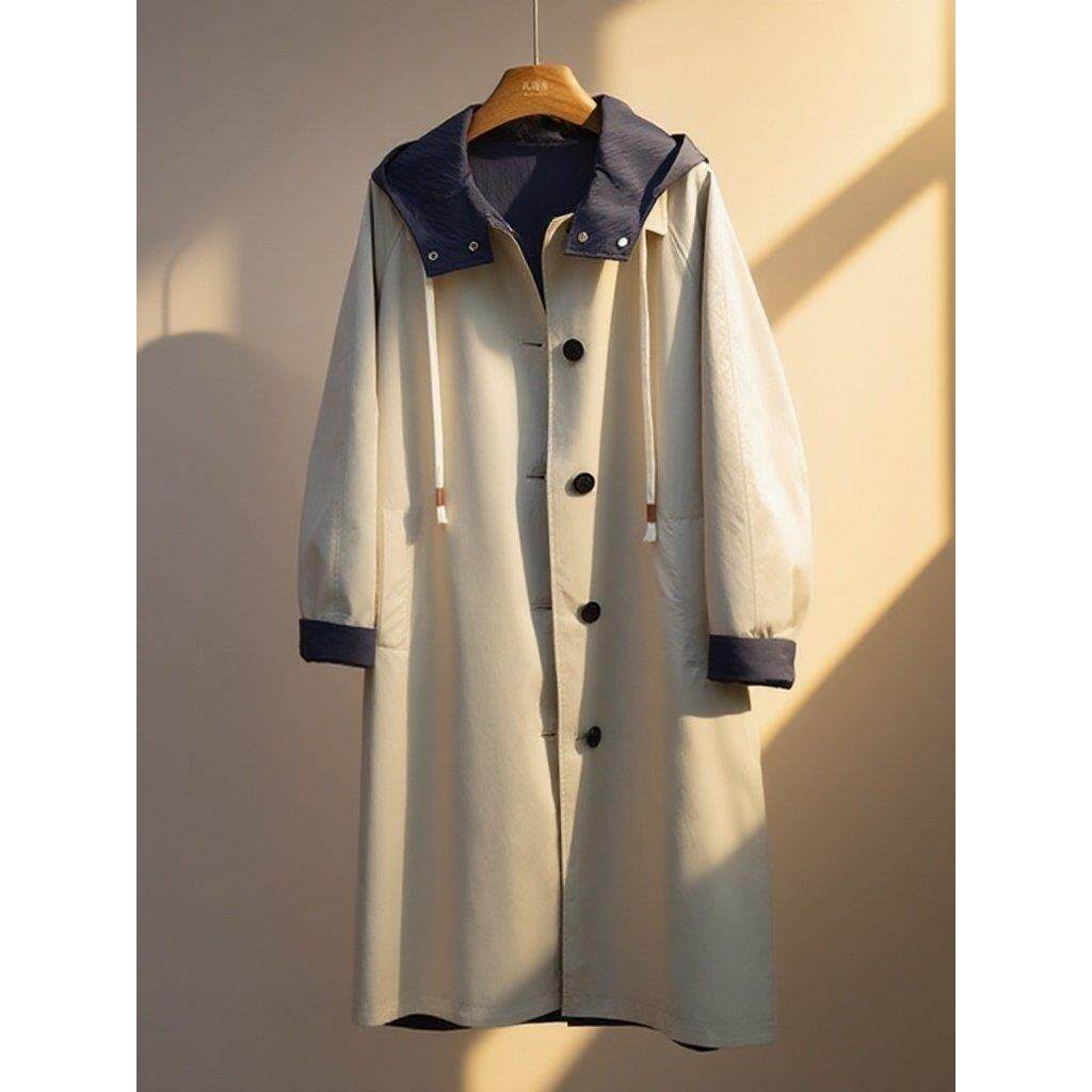 韩国今年流行爆款卡其色连帽风衣双面穿英伦风长款大衣外套秋新款