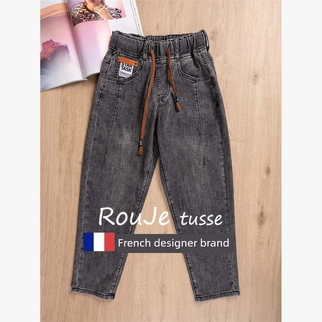 Rouje tusse灰色薄八分裤女牛仔高弹小脚哈伦裤拼接大码九分裤子