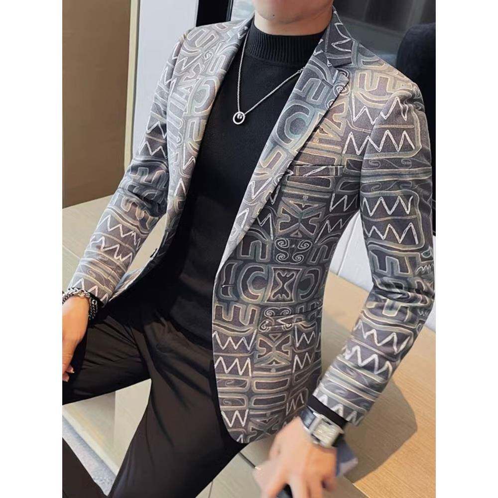 高级感碎花西服男士秋冬季新款韩版修身免烫百搭潮流休闲西装外套