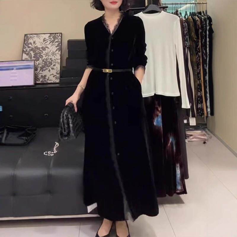 欧洲站2025年秋季新款蕾丝拼接金丝绒赫本风名媛长裙高级感连衣裙