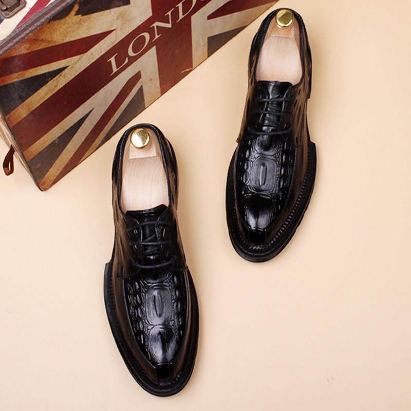 高端商务正装男士鳄鱼纹真皮尖头皮鞋男韩版一脚蹬增高厚底休闲鞋