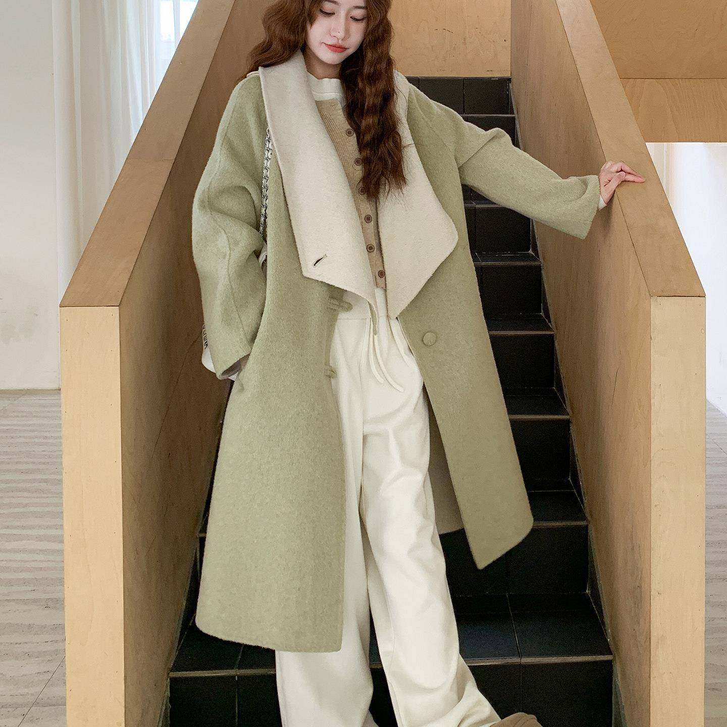 香港秋冬新款韩系抹茶绿双面羊毛中长款大衣女高级感气质毛呢外套