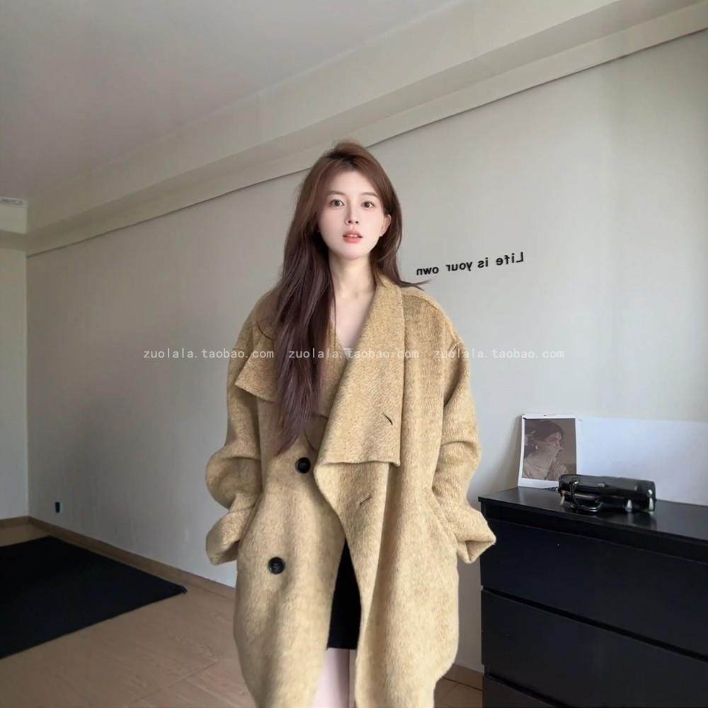 香港韩系高级感黄色翻领呢子大衣女秋季大码胖mm宽松百搭毛呢外套