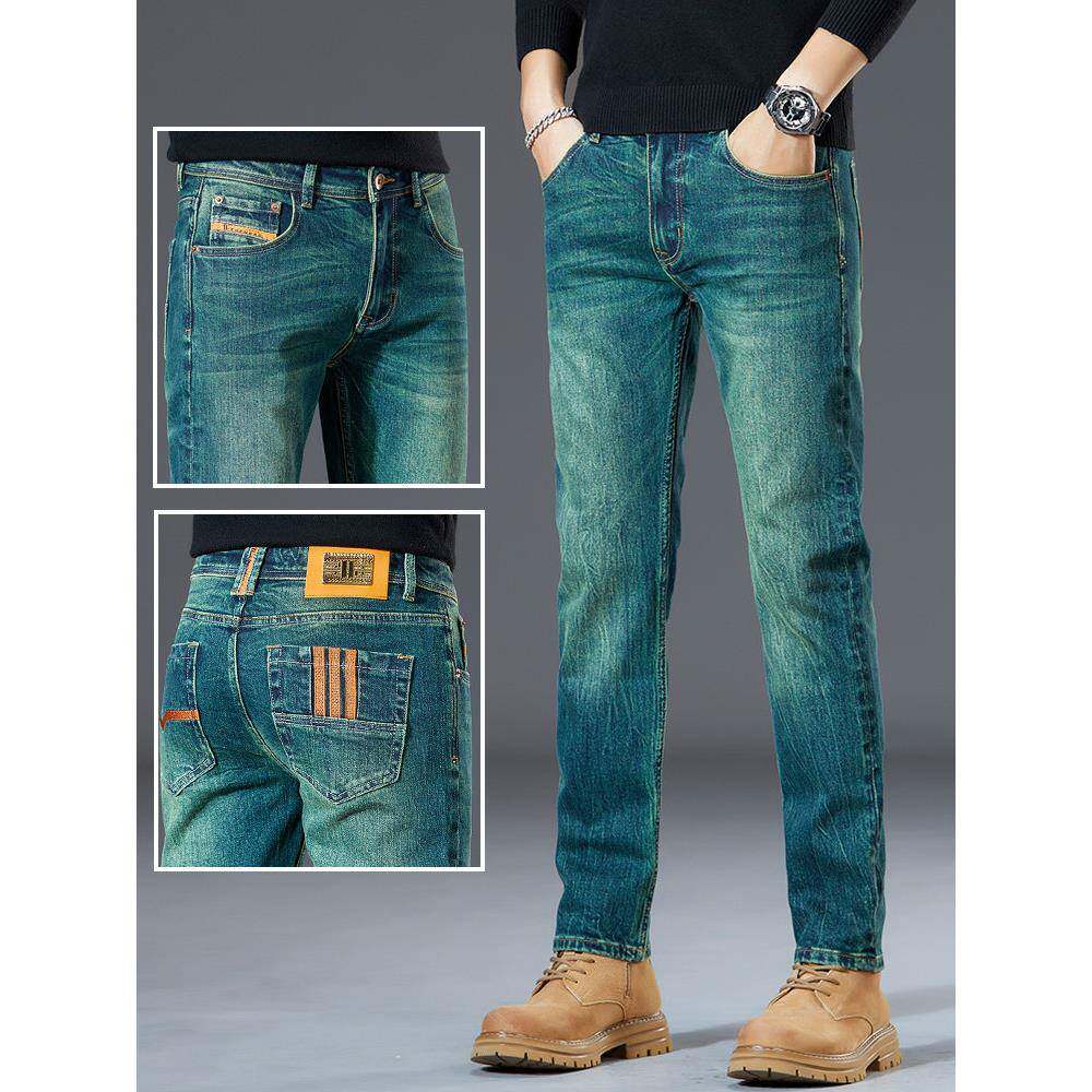 香港高端绿色牛仔裤男修身直筒潮牌韩版潮流弹力长裤子2025新款