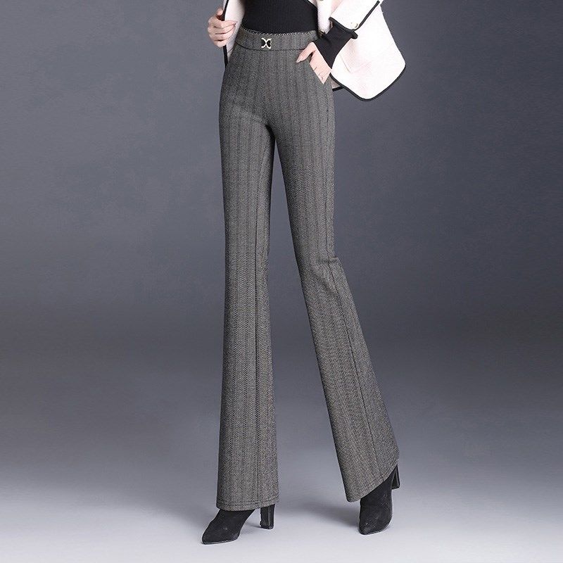 大码条纹裤子女2025春秋新款高腰直筒显瘦喇叭裤垂感毛呢微喇长裤