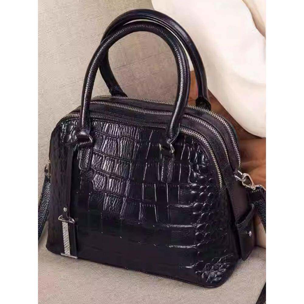 鳄鱼纹头层牛皮手提包女2024新款欧美时尚波士顿多层单肩斜挎包女